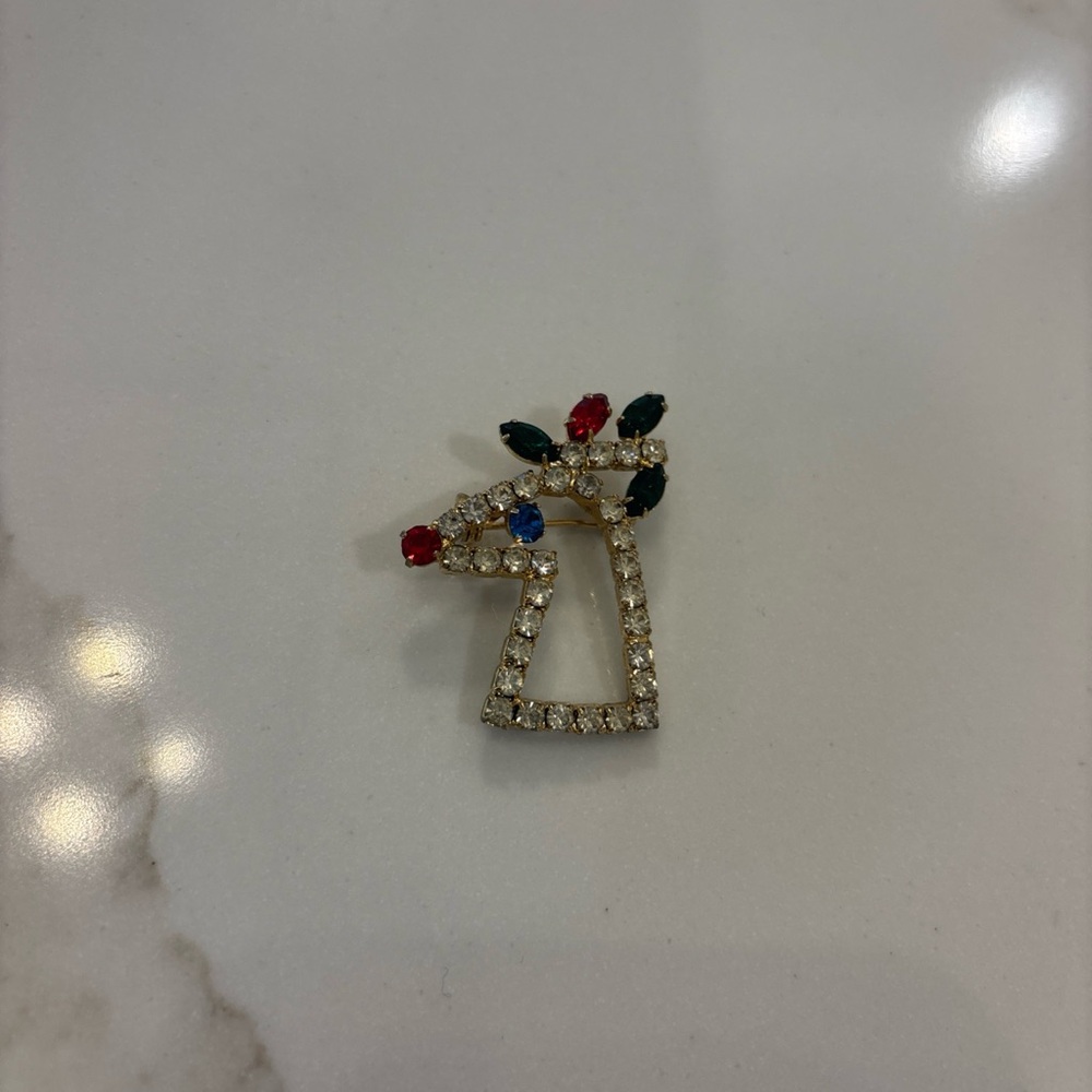 Vtg Reindeer Brooch Pin w/Red, Blue, Green & Clear Crystal Stones